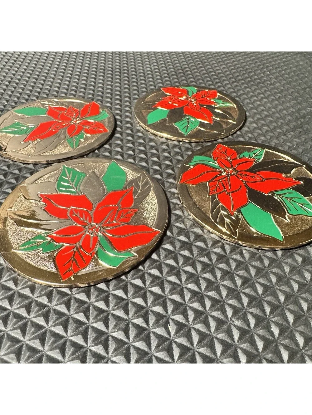 Vtg Christmas Decor 4 Brass & Enamel Coasters Poinsettia Holiday EUC Felt Back